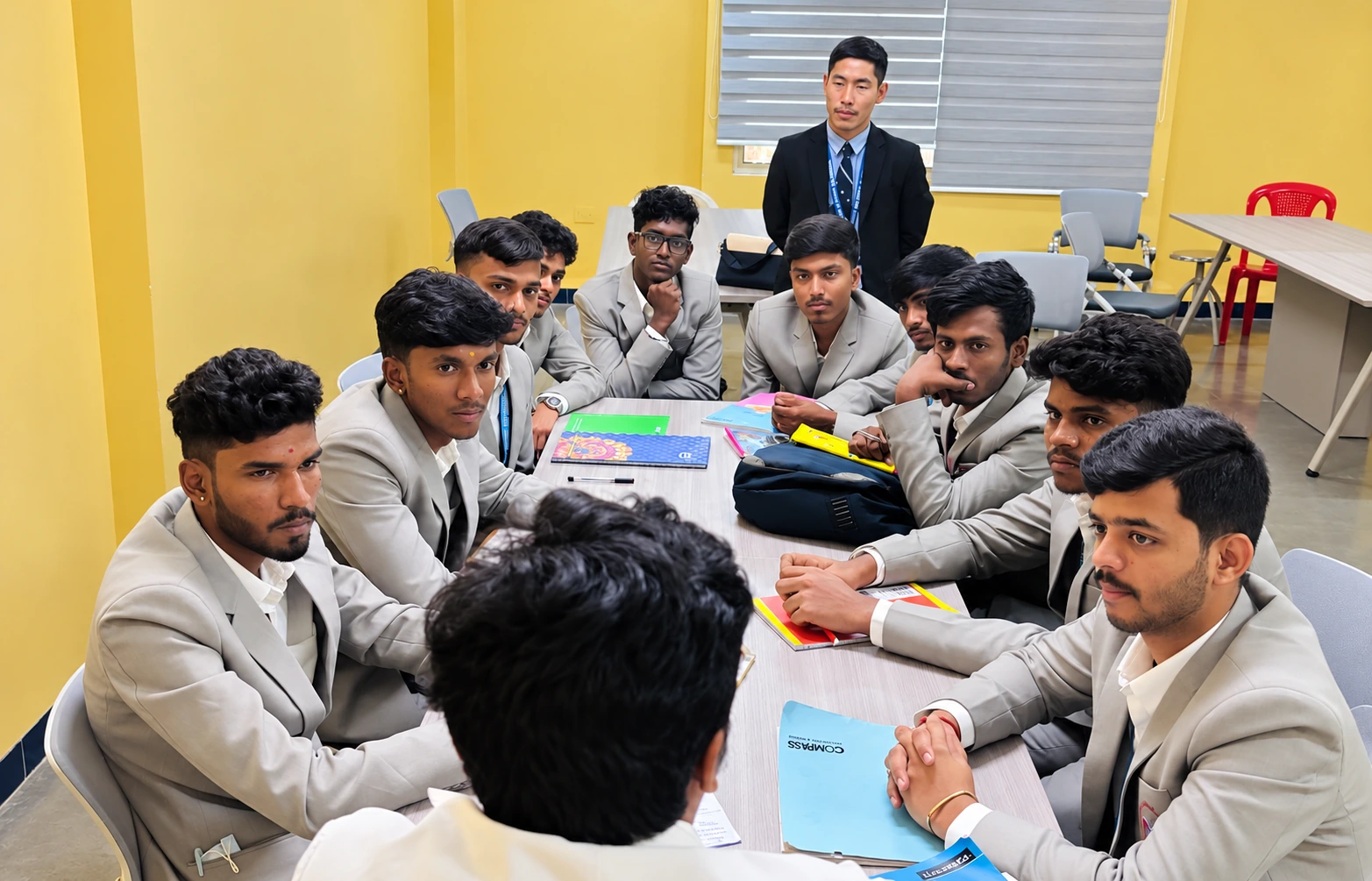 MVJ students collaborating around a table with academic materials