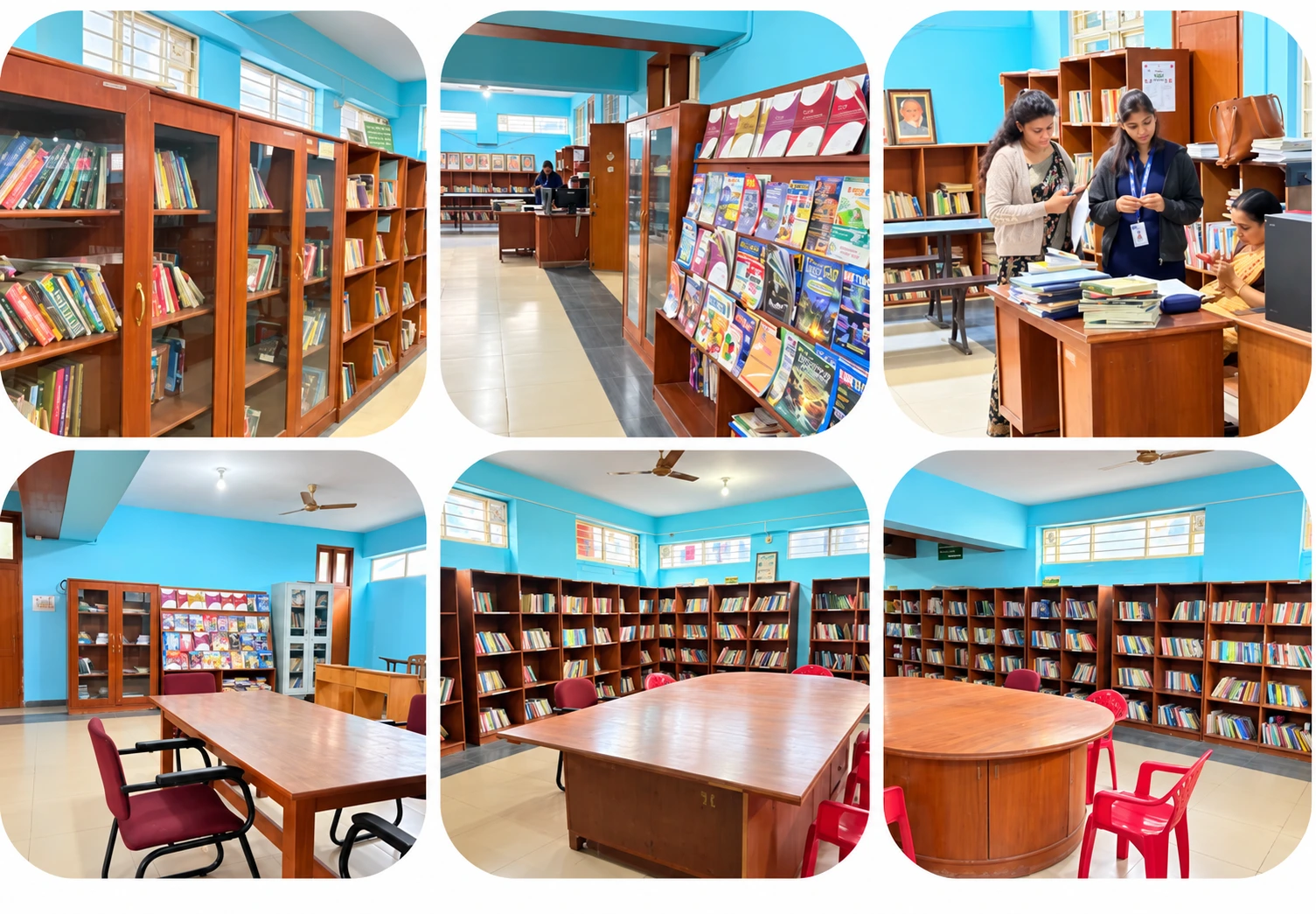 Six views of MVJ library shelves, reading spaces and library activity